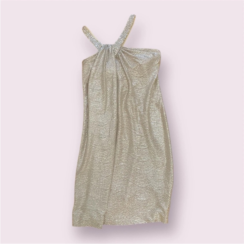Maggy London Gold Halter Ruched Mini Dress